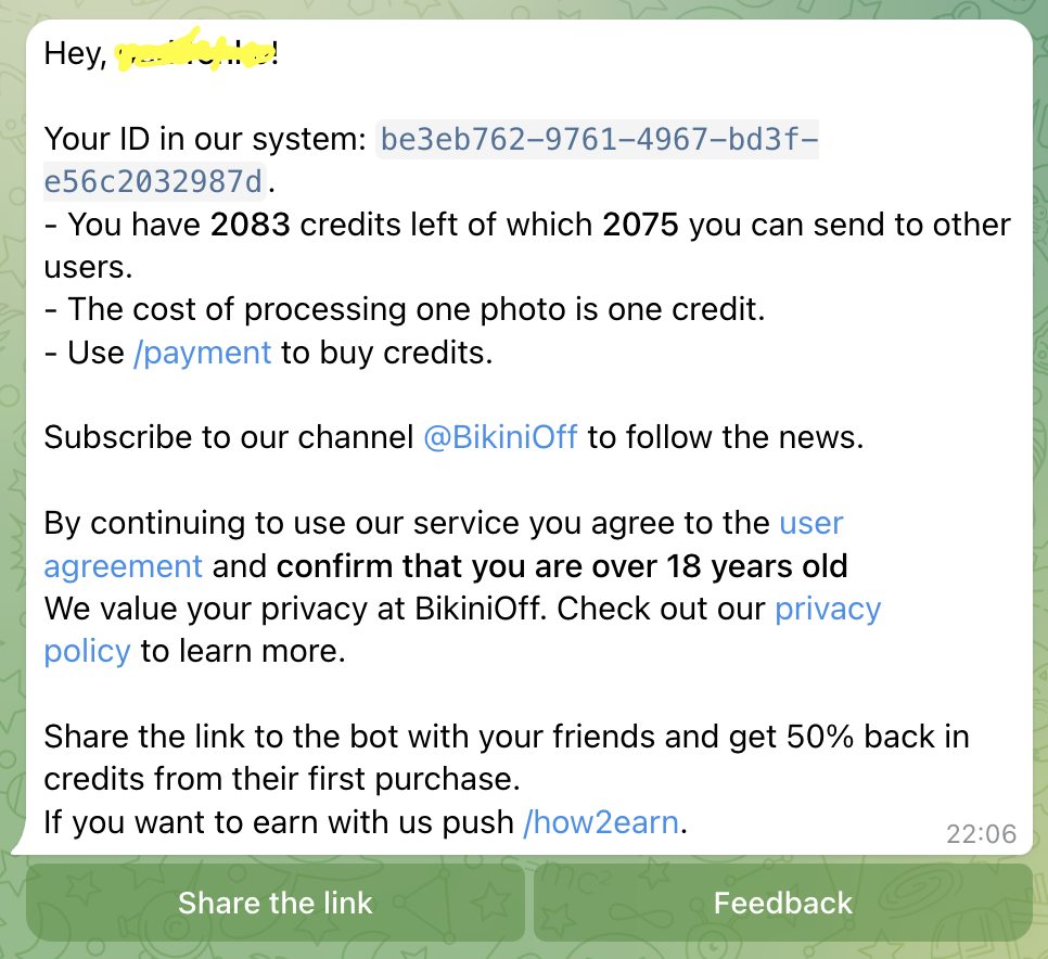 BikiniOFF Bot in telegram main screen